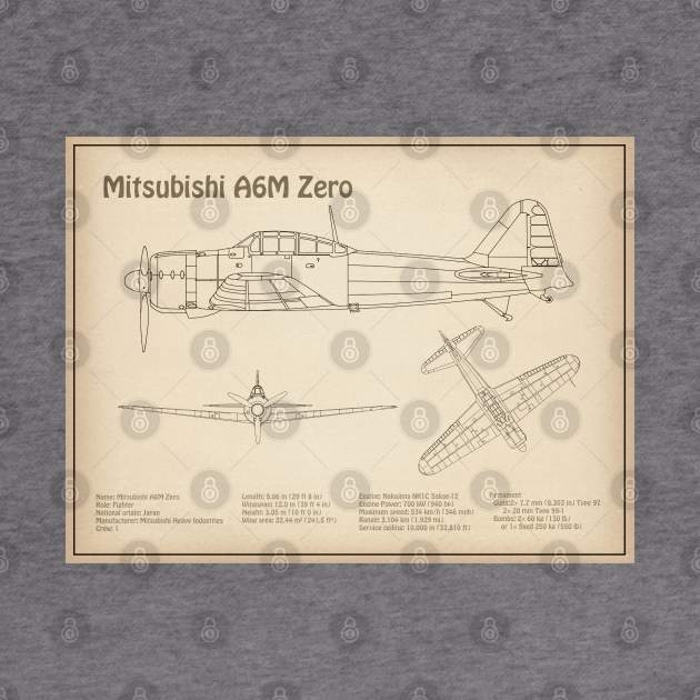 Mitsubishi A6M Zero Airplane Blueprint - SD by SPJE Illustration Photography